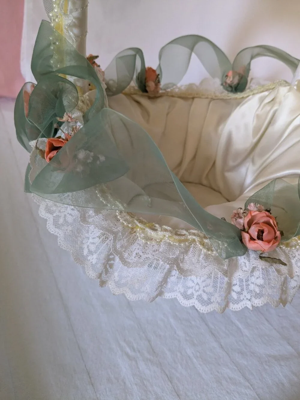 Handmade Lace Pearls Roses & Satin Wedding Baby Cheer Gift Basket